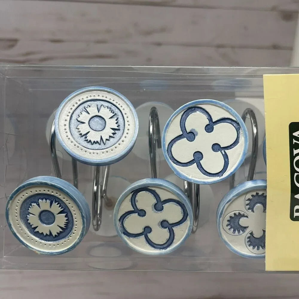 Ceramic Shower Curtain Hooks Set of 12 White Blue Flower Decal NEW